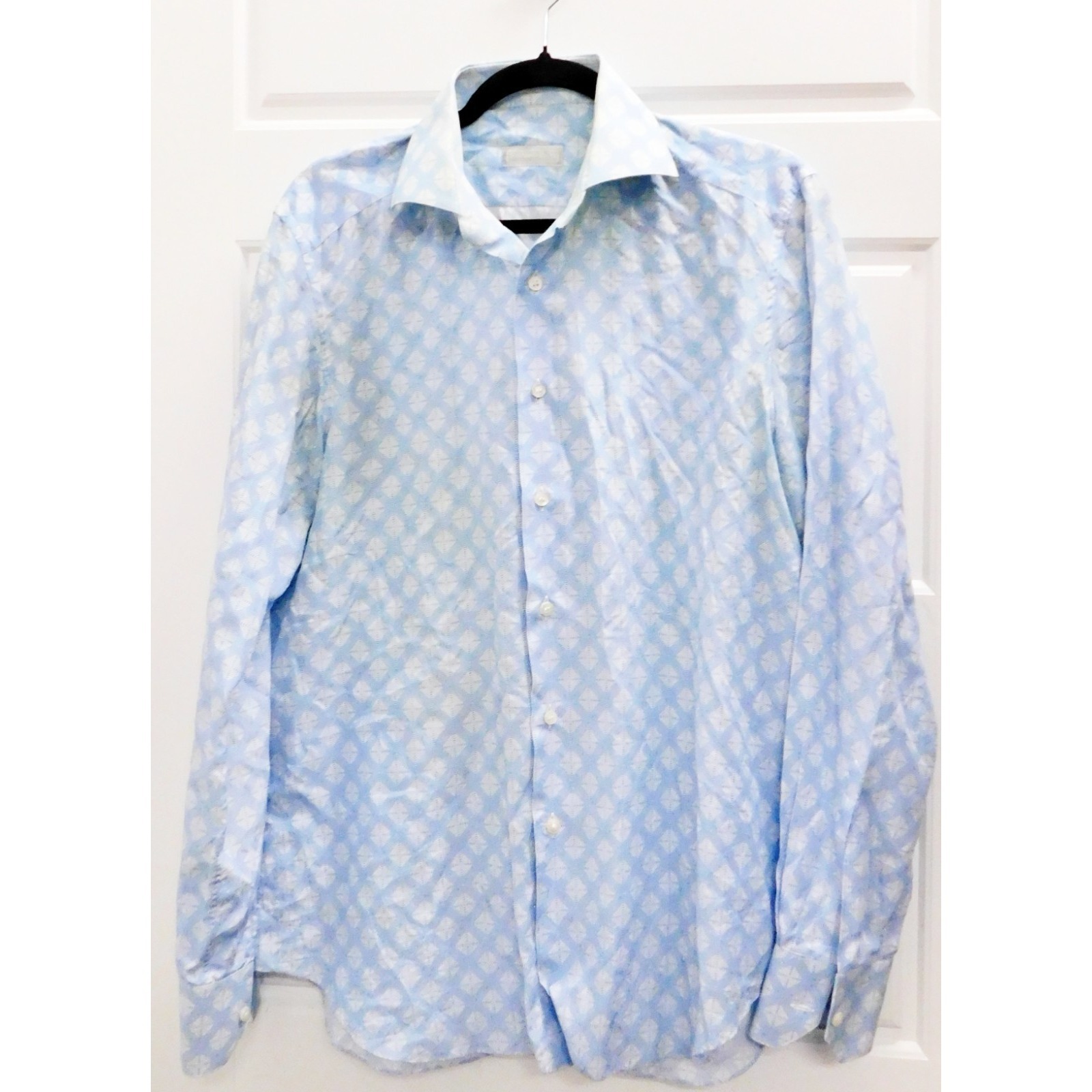Stefano Ricci Blue Silk Cotton Print Dress Shirt Sz 15.5 39